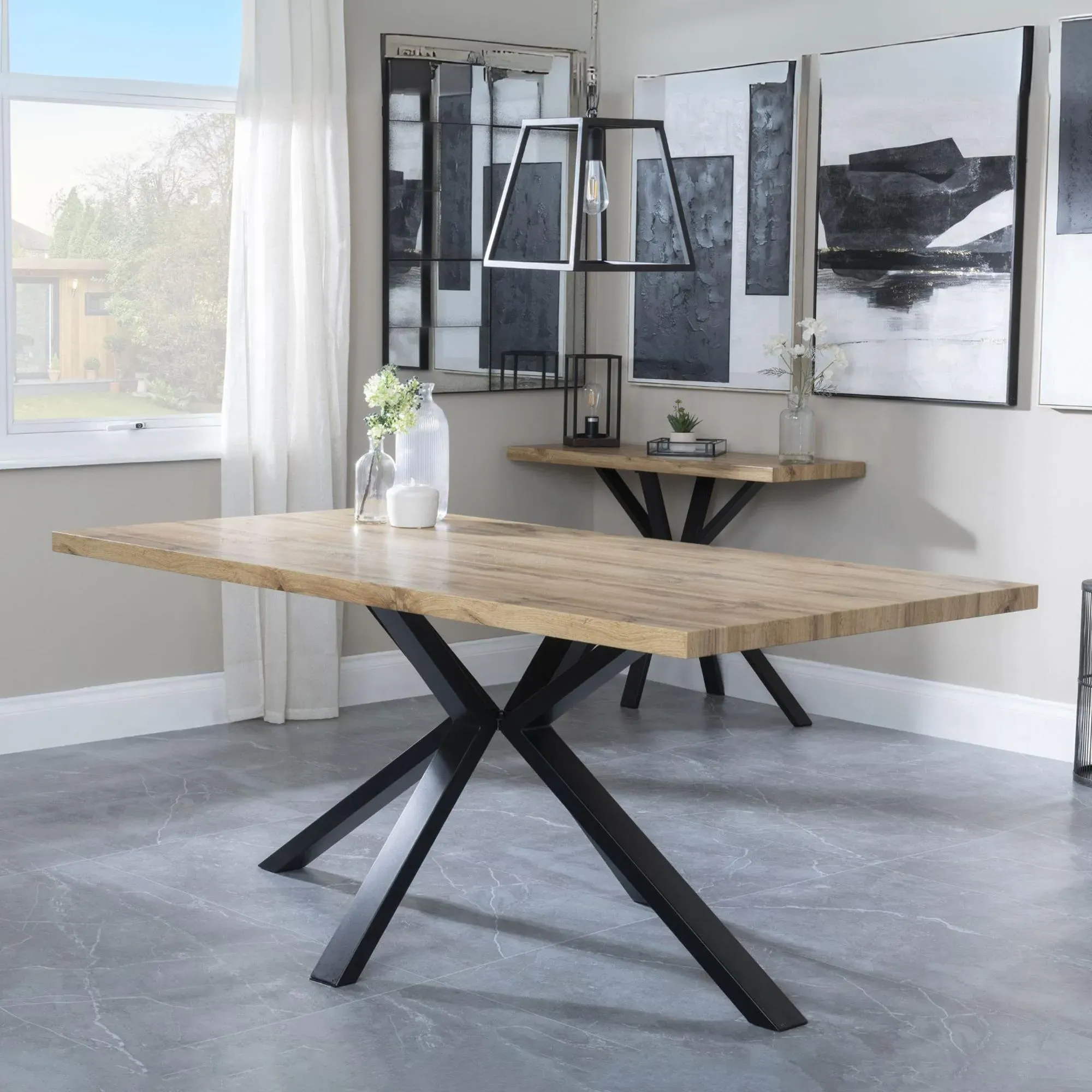 Ezra Oak Dining Set with Spider Legs - Yellow, Fabric