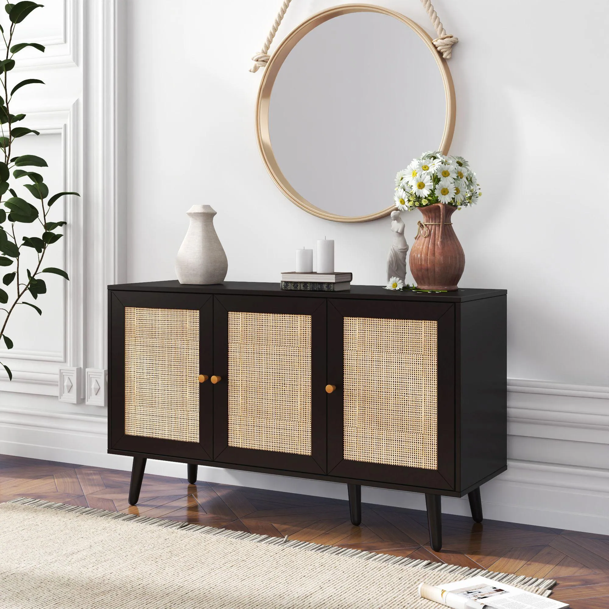 Ferrero 3 Door Medium Sideboard - Black, Rattan