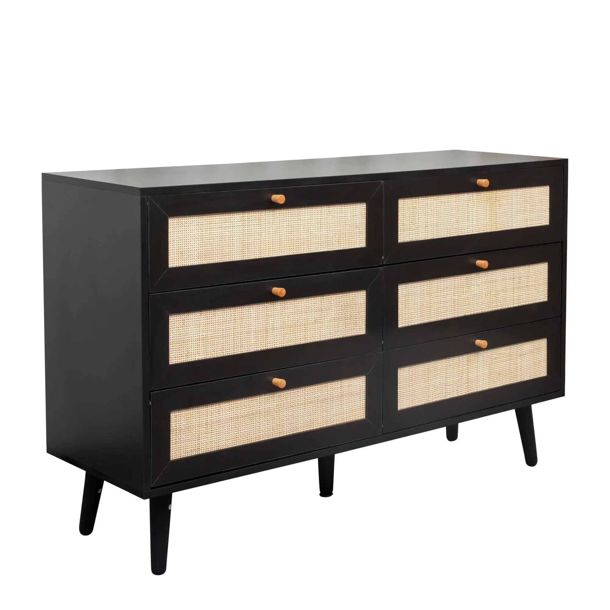Ferrero 6 Drawer Wide Chest - Black, Rattan
