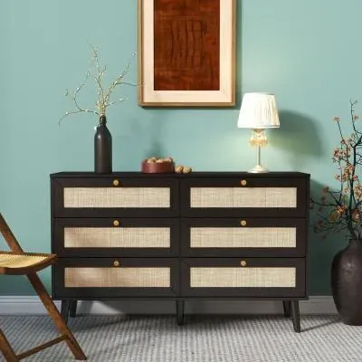 Ferrero 6 Drawer Wide Chest - Black, Rattan image