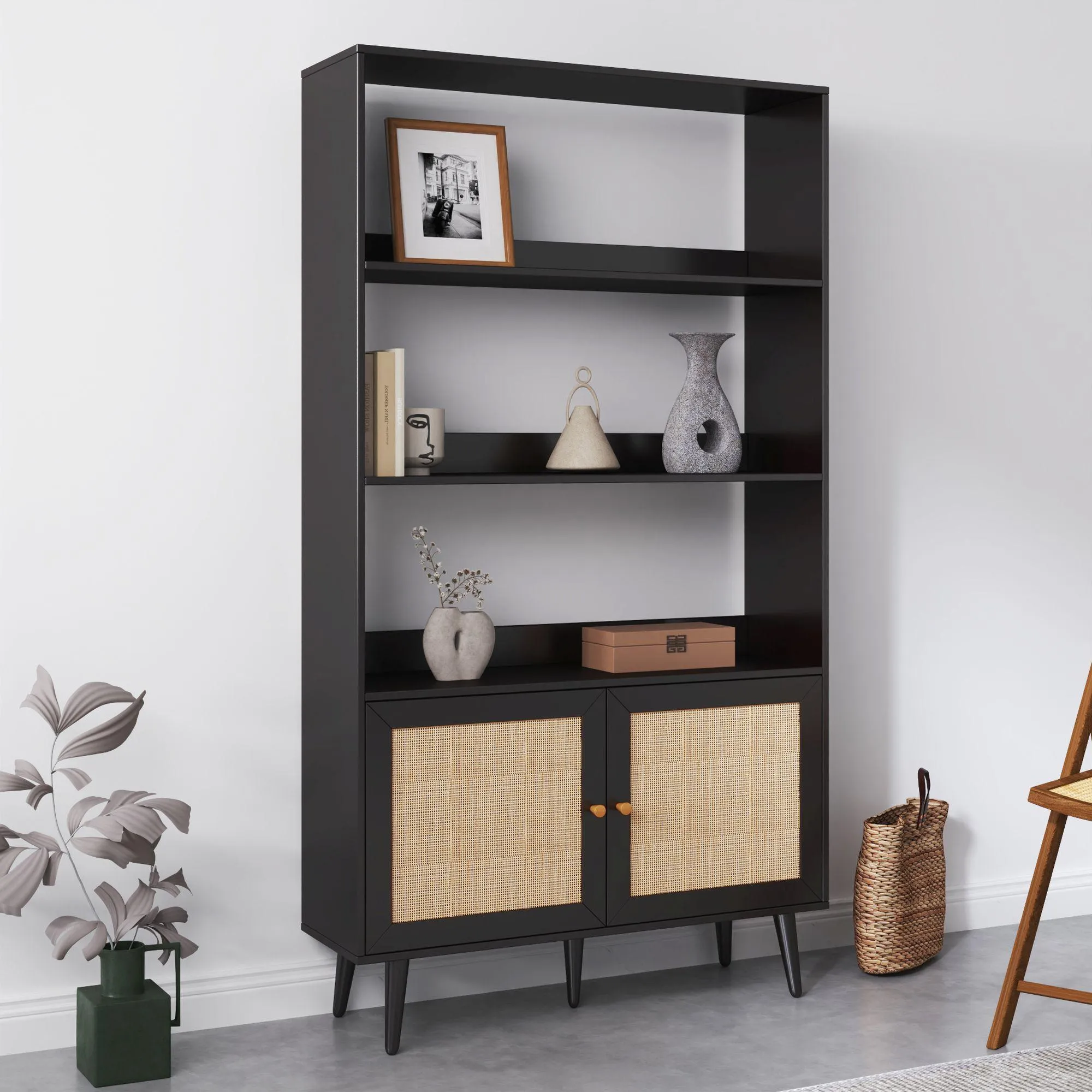 Ferrero Shelving Unit with Cupboard - Black, Rattan