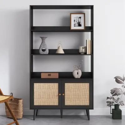 Ferrero Shelving Unit with Cupboard - Black, Rattan