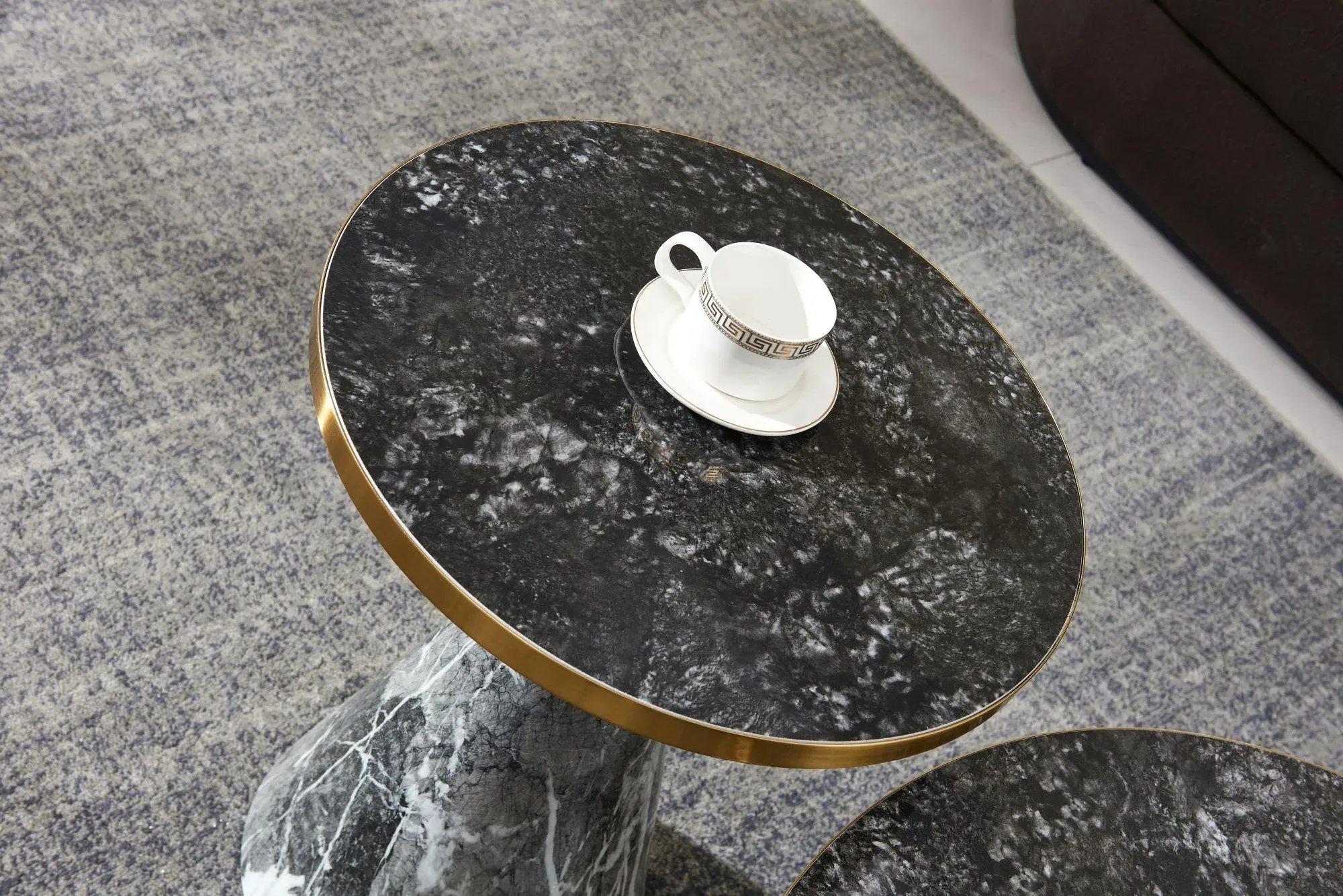 Funnel Round Side Table with Gold Trim - Grey, Ceramic