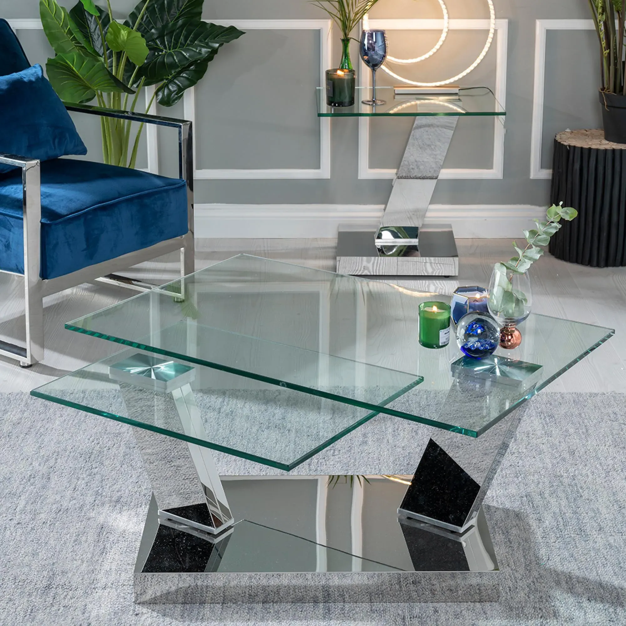 Fusion Swivel Glass Coffee Table - Clear, Chrome