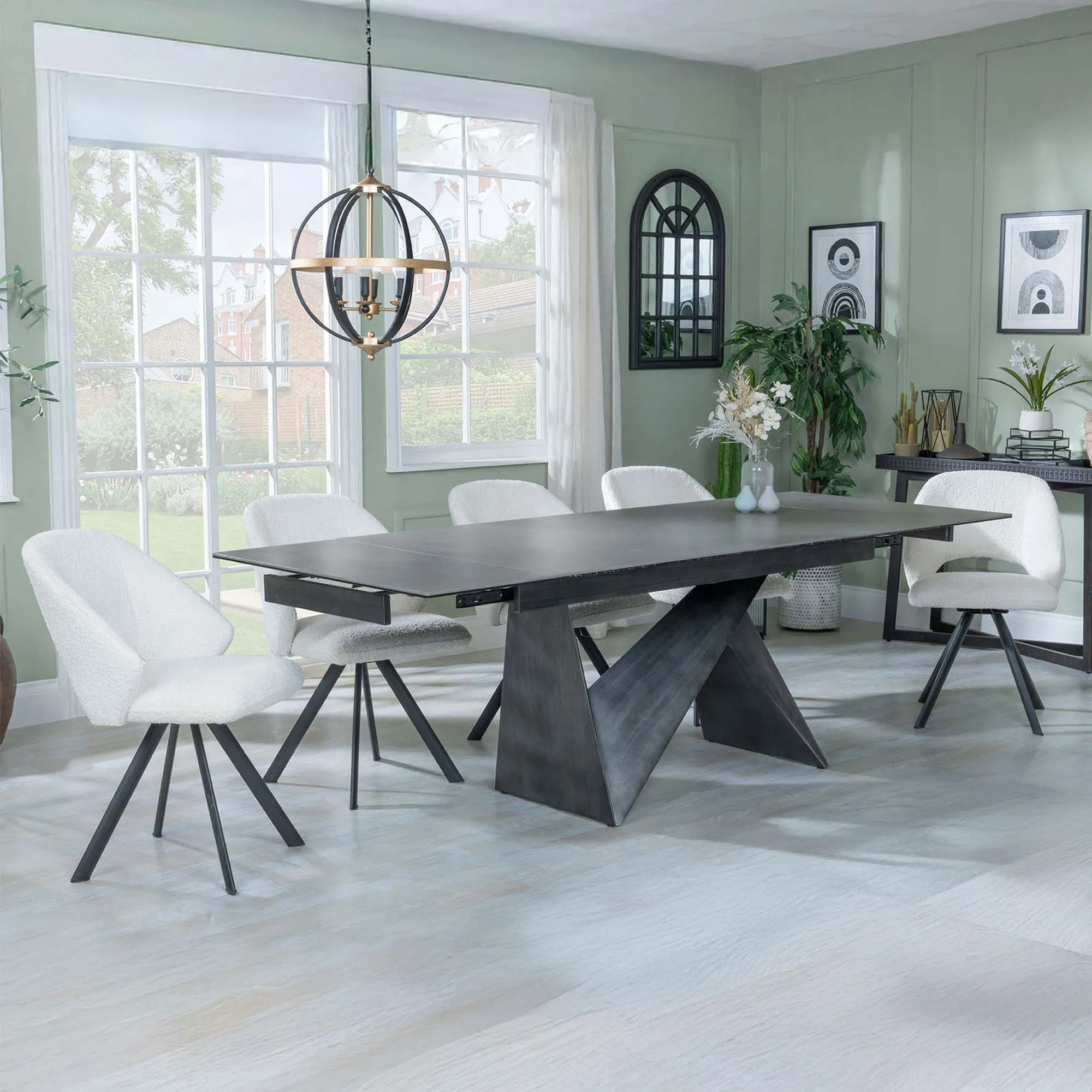 Garvin Extending Dining Set with Swivel Chairs - Cream, Ceramic