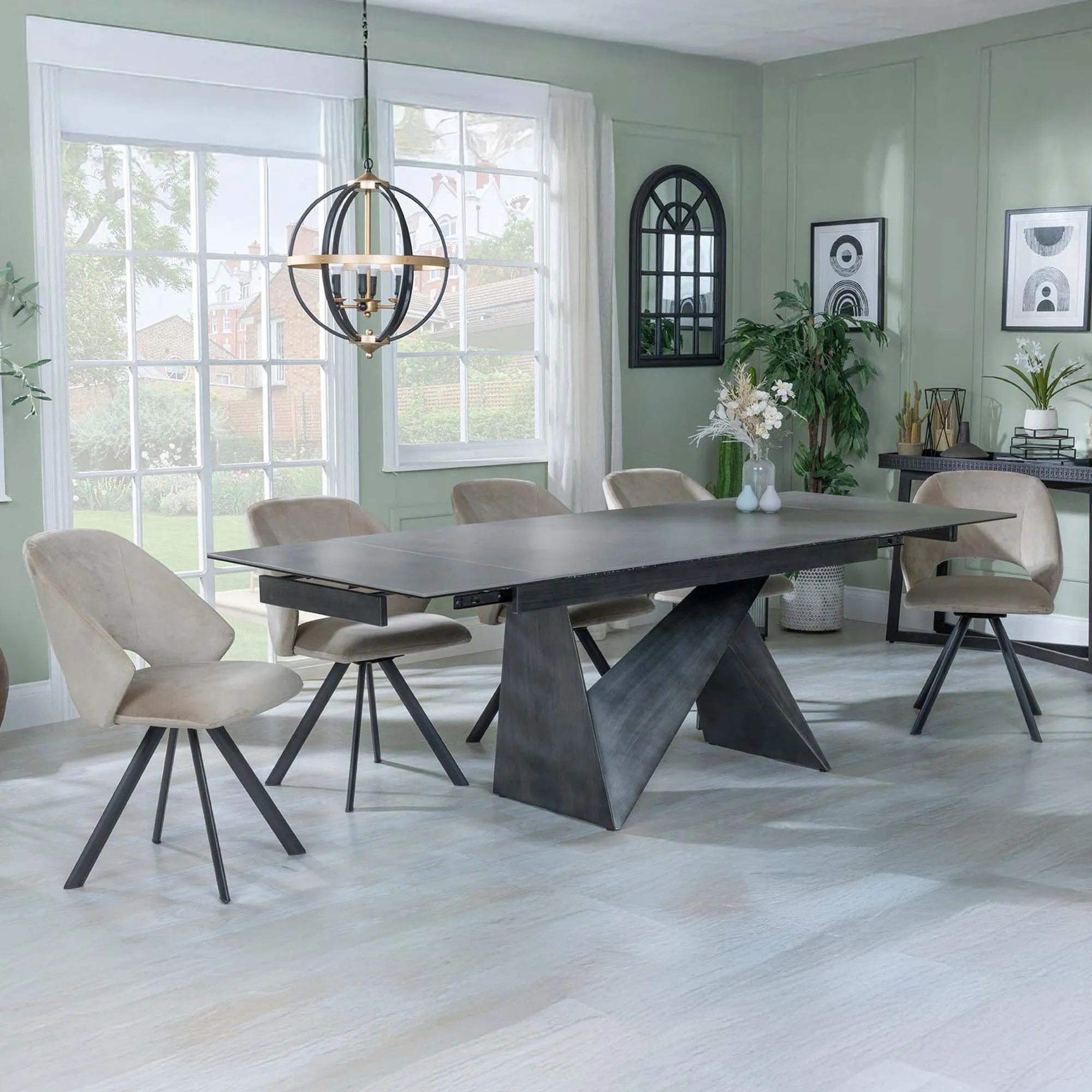 Garvin Extending Dining Set with Swivel Chairs - Grey, Ceramic