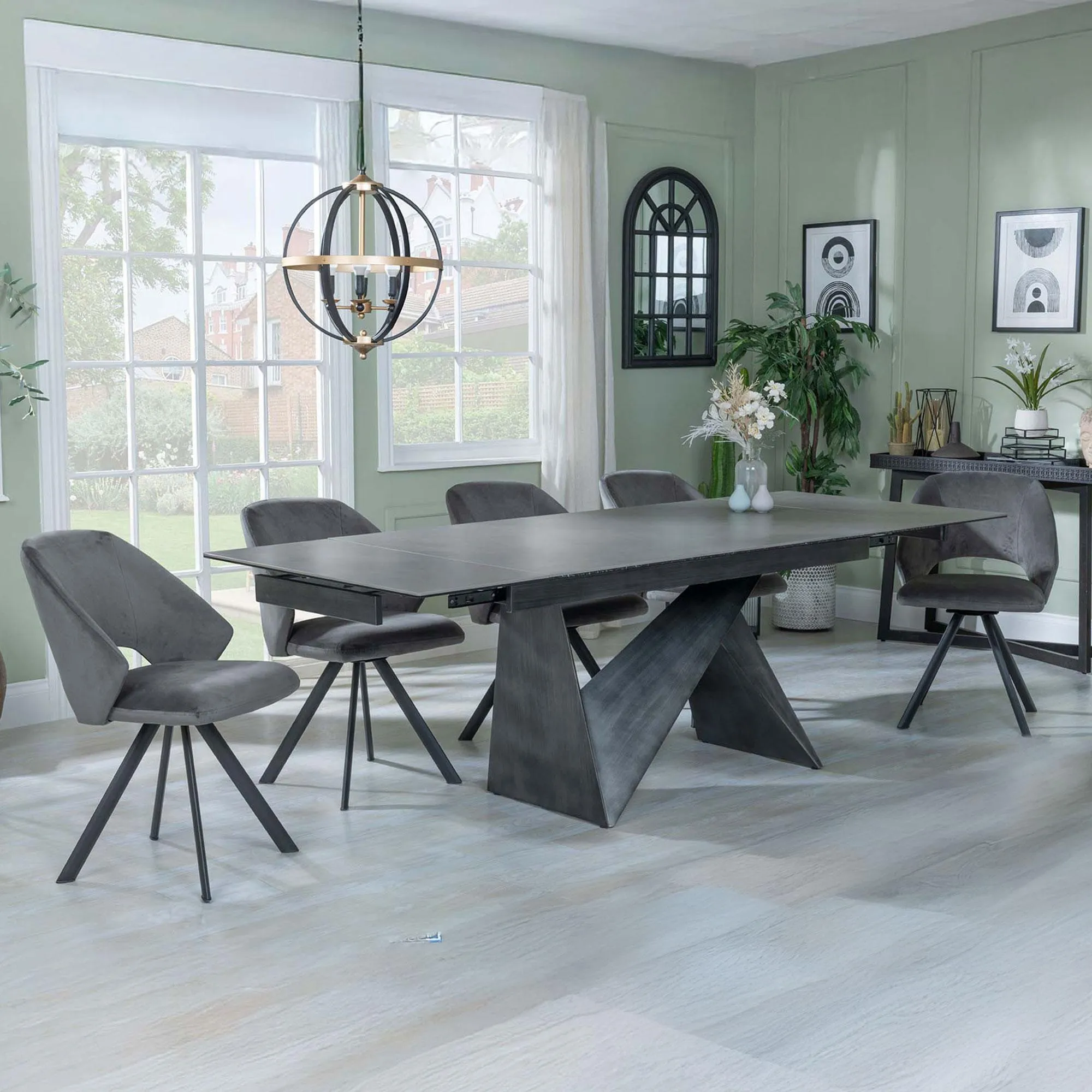 Garvin Extending Dining Set with Swivel Chairs - Grey, Ceramic