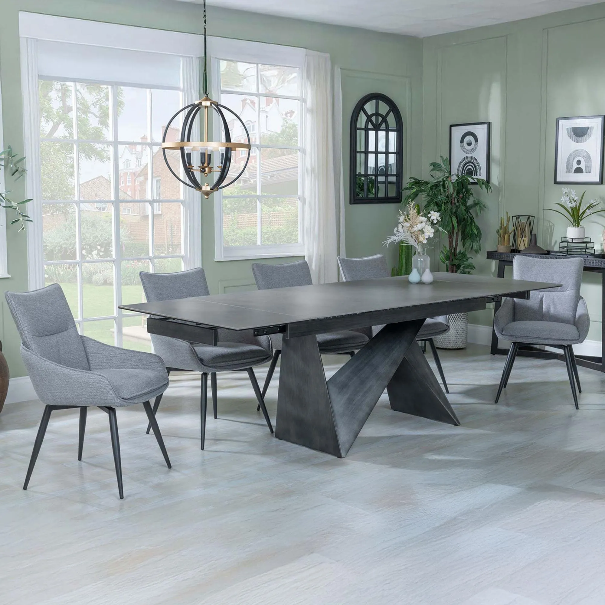 Garvin Extending Dining Set with Swivel Chairs - Grey, Ceramic