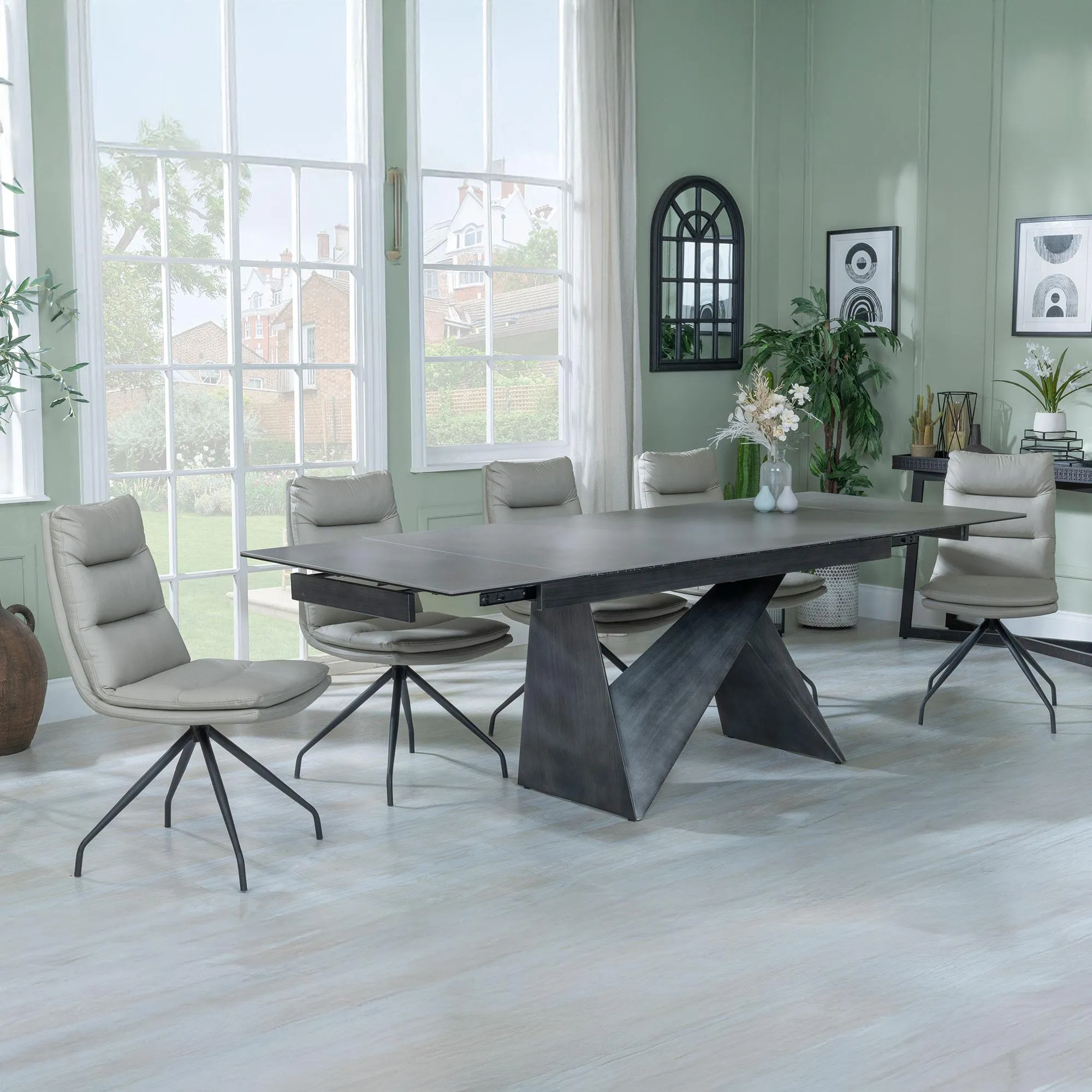 Garvin Extending Dining Set with Swivel Chairs - Grey, Ceramic