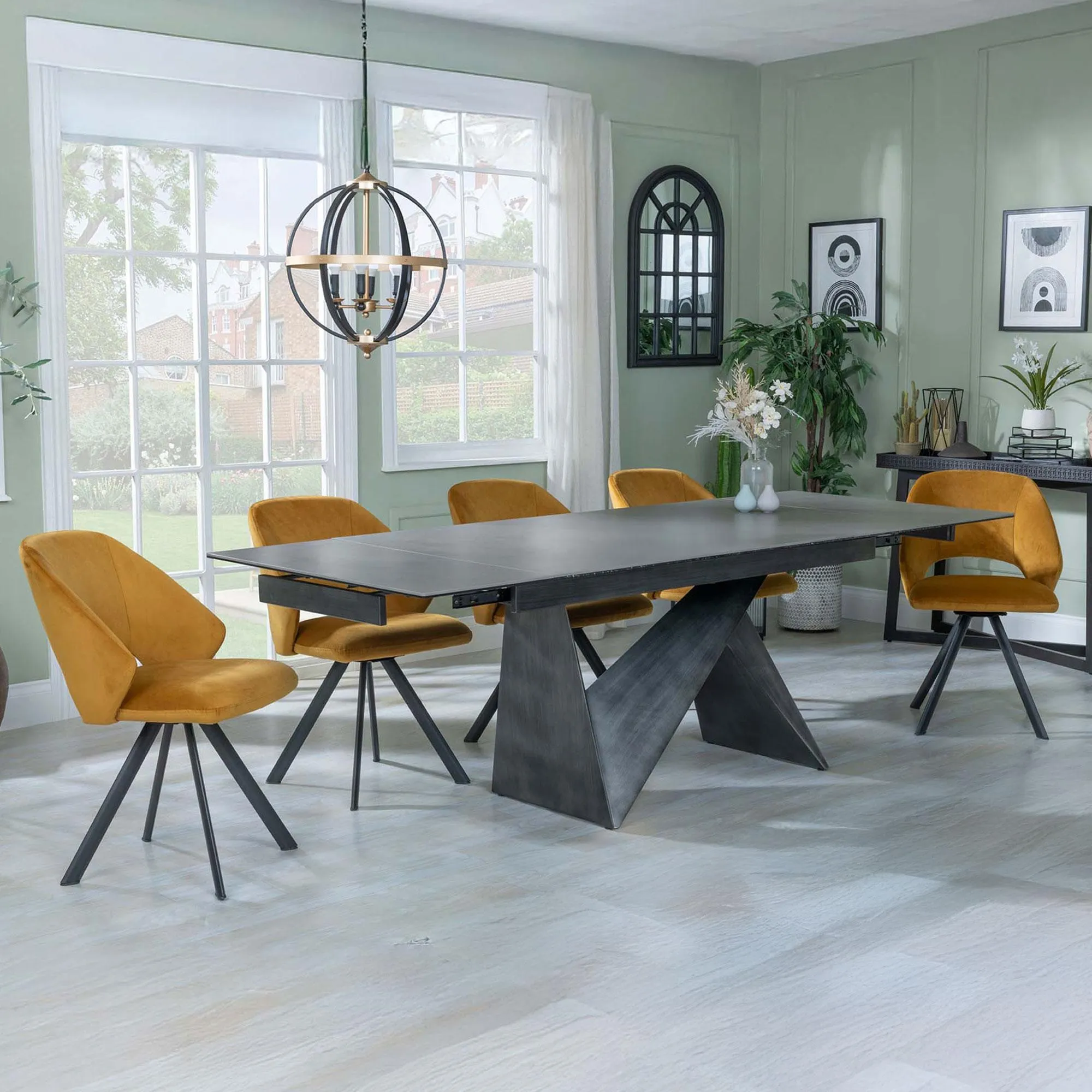 Garvin Extending Dining Set with Swivel Chairs - Mustard, Ceramic