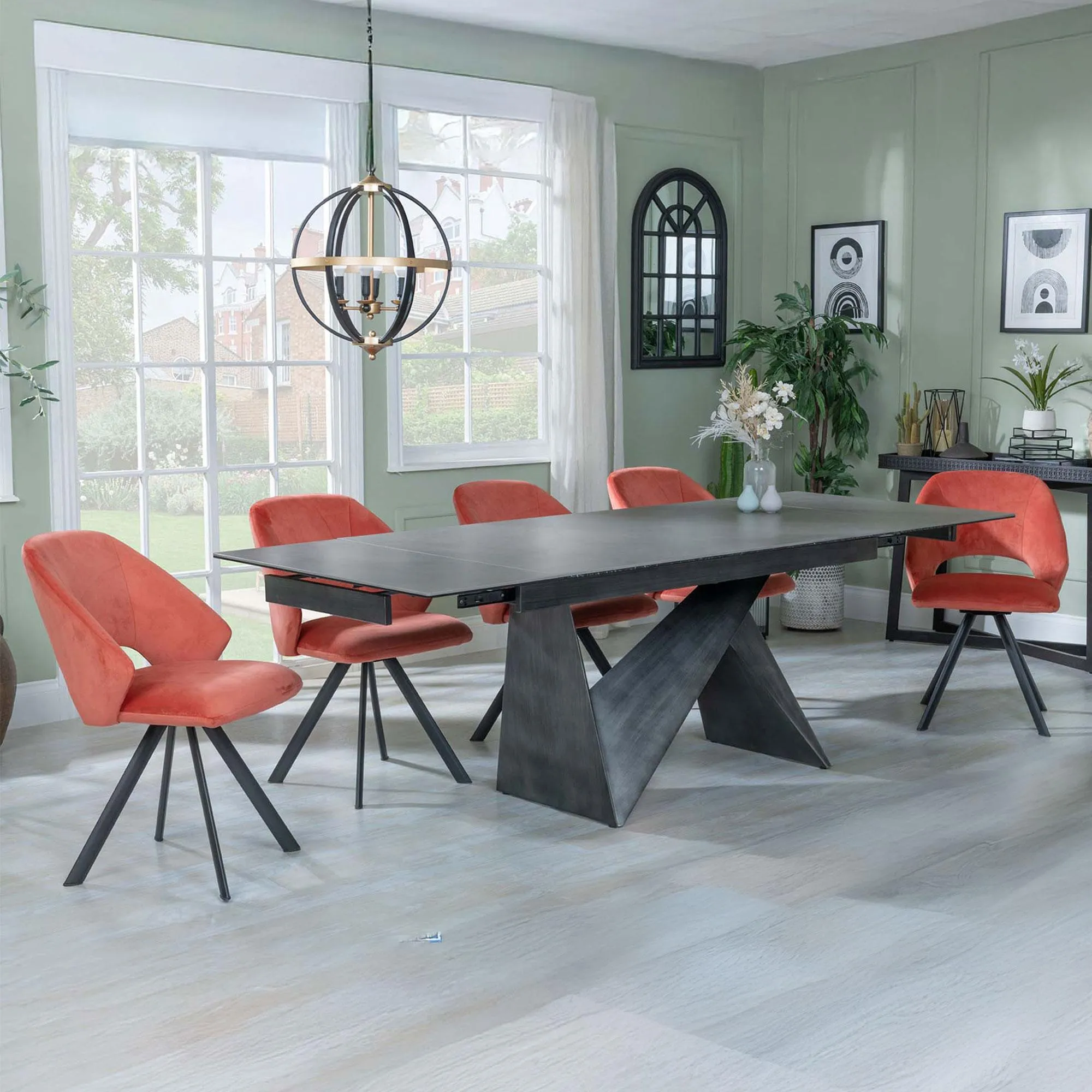 Garvin Extending Dining Set with Swivel Chairs - Orange, Ceramic