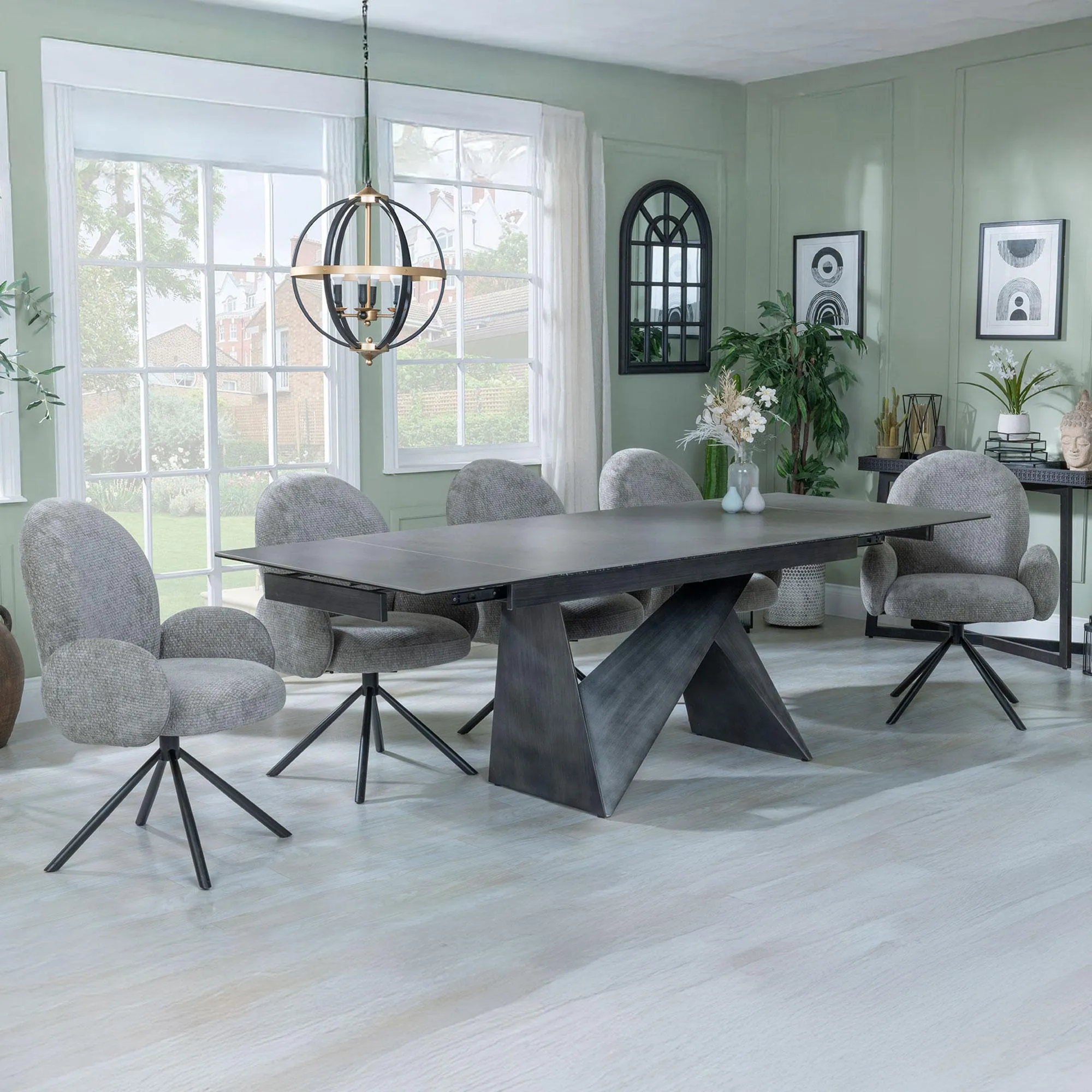 Garvin Extending Dining Set with Theo Swivel Chairs - Dark Grey