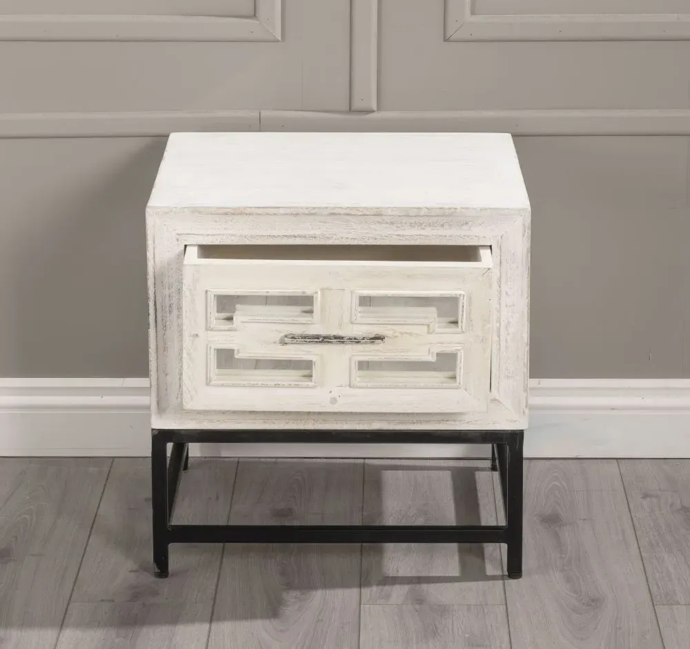 Geo Mirrored Side Table with Drawer - White, Mango Wood