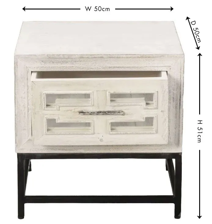 Geo Mirrored Side Table with Drawer - White, Mango Wood