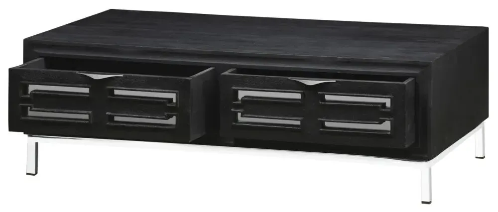 Geo Mirrored Storage Coffee Table with 2 Drawers - Black, Mango Wood