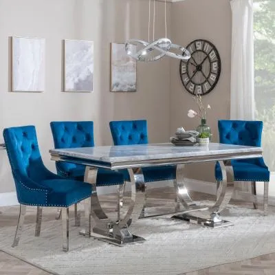 Glacier Dining Set with Lion Knocker Chairs - Blue, Marble