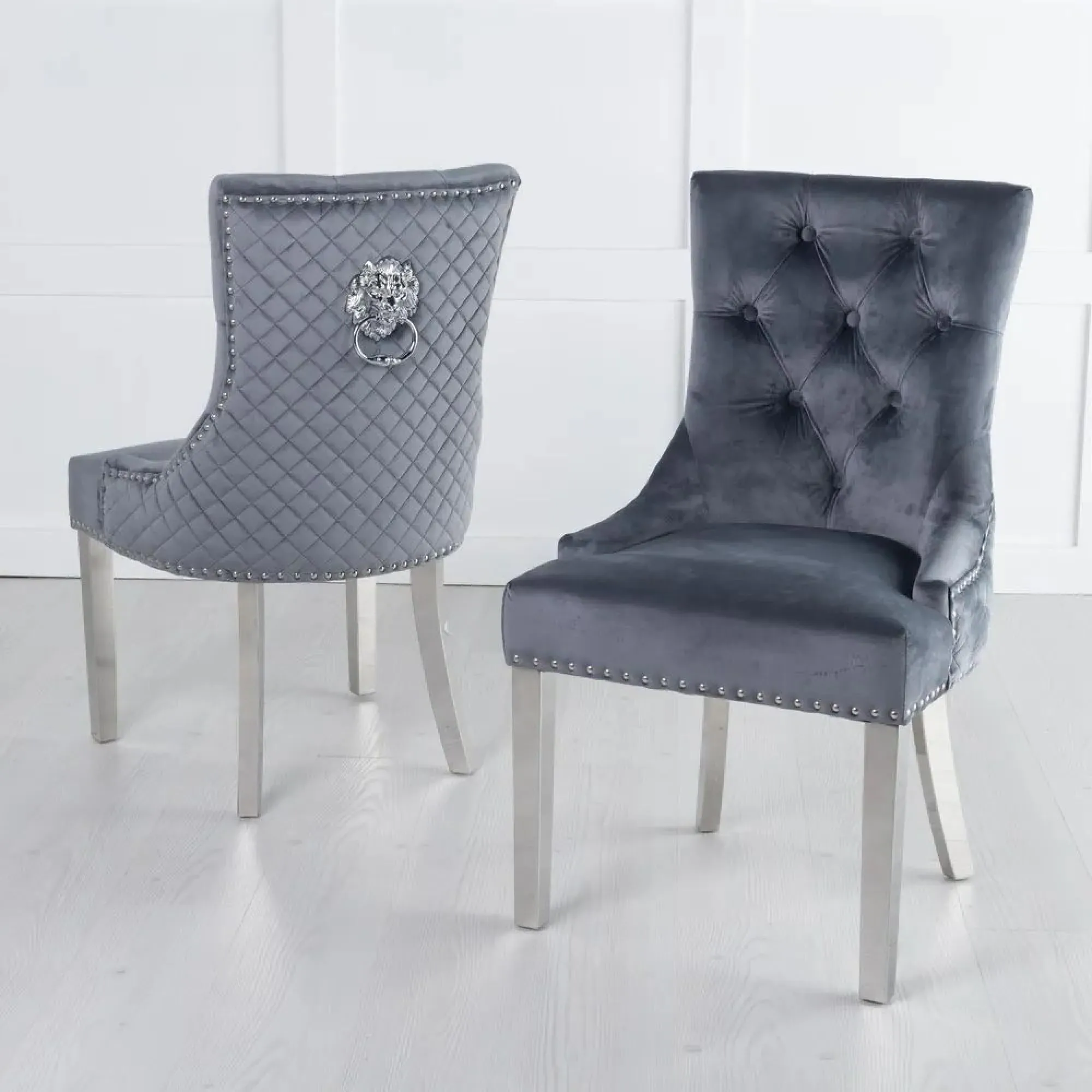 Glacier Dining Set with Lion Knocker Chairs - Grey, Marble