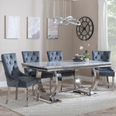 Glacier Dining Set with Lion Knocker Chairs - Grey, Marble