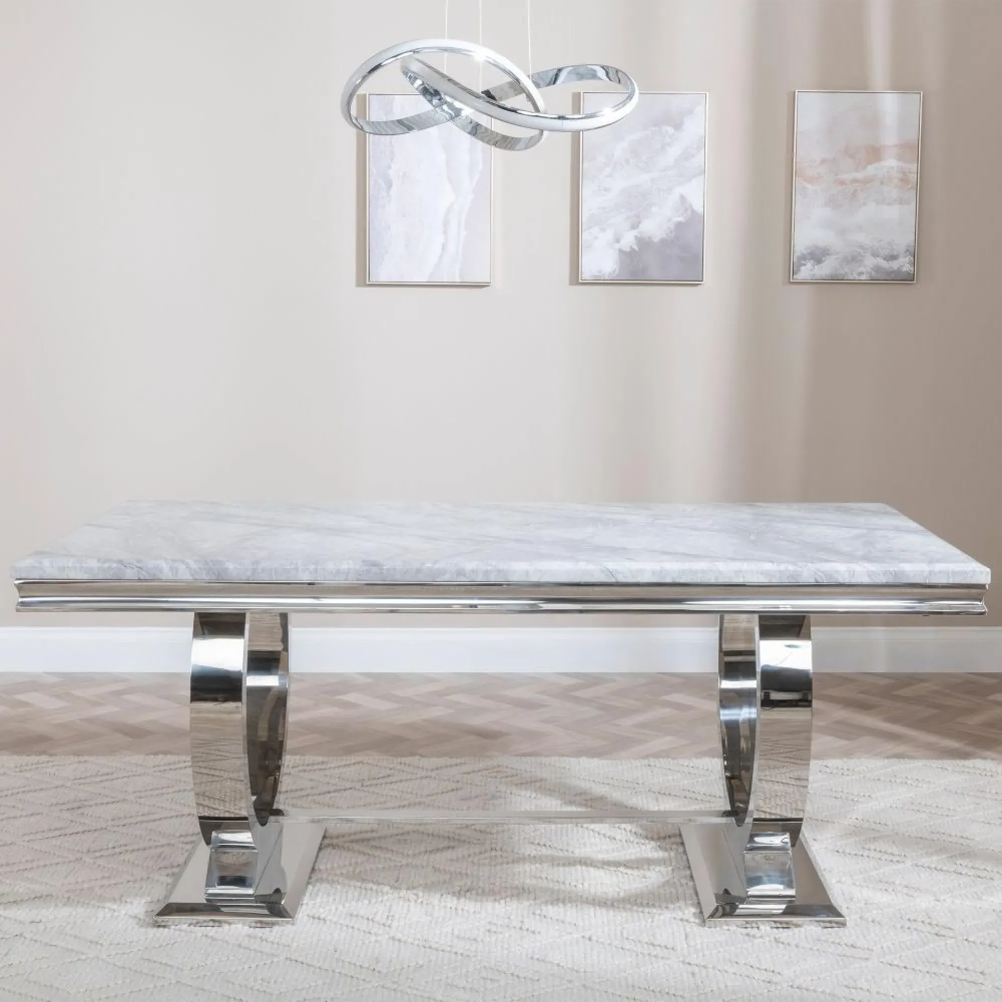 Glacier Grey Marble Dining Set with Louis Chair - Grey, Chrome