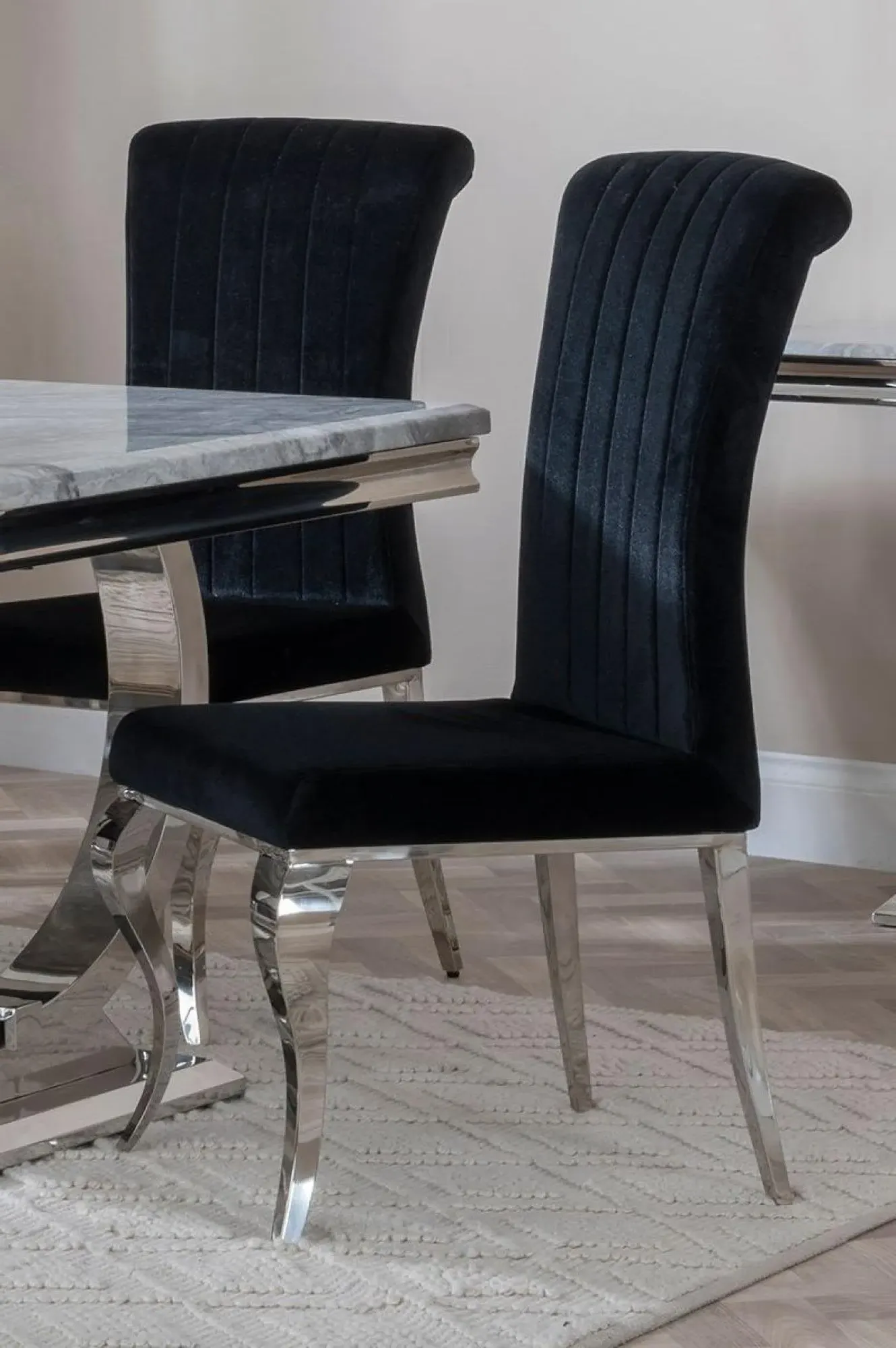 Glacier Grey Marble Dining Set with Louis Chair - Grey, Chrome