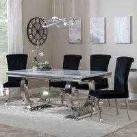 Glacier Grey Marble Dining Set with Louis Chair - Grey, Chrome