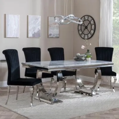 Glacier Grey Marble Dining Set with Louis Chair - Grey, Chrome