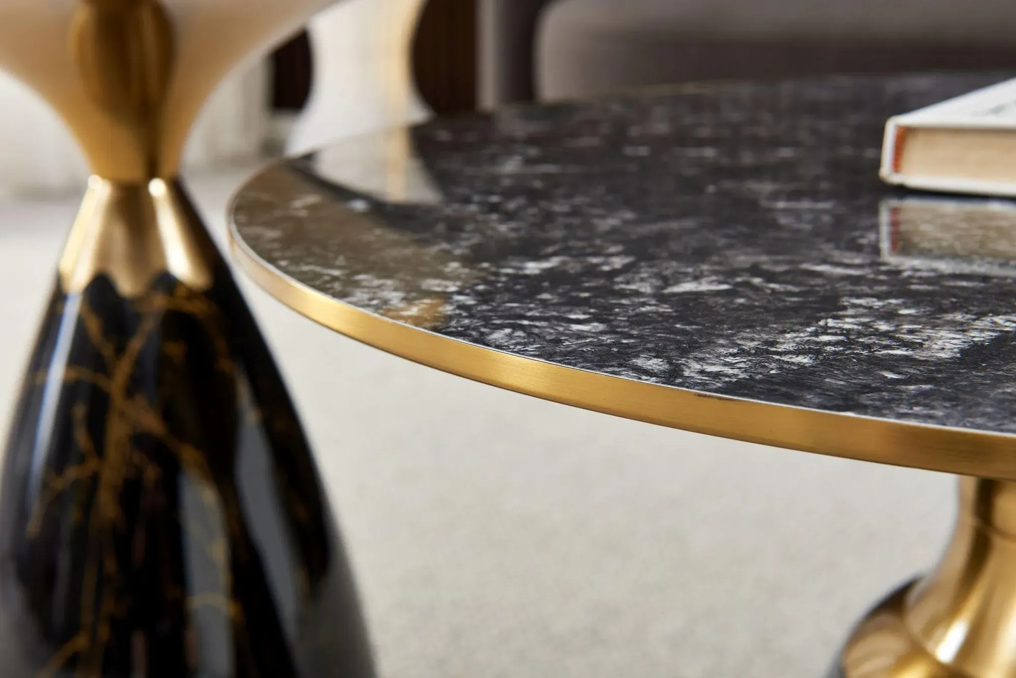 Hourglass Round Coffee Table with Gold Trim - Grey, Ceramic