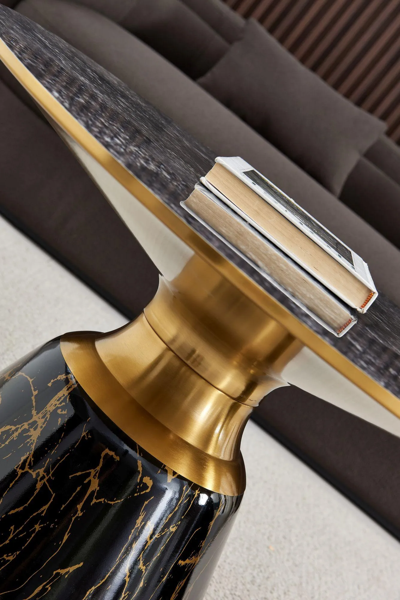 Hourglass Round Coffee Table with Gold Trim - Grey, Ceramic