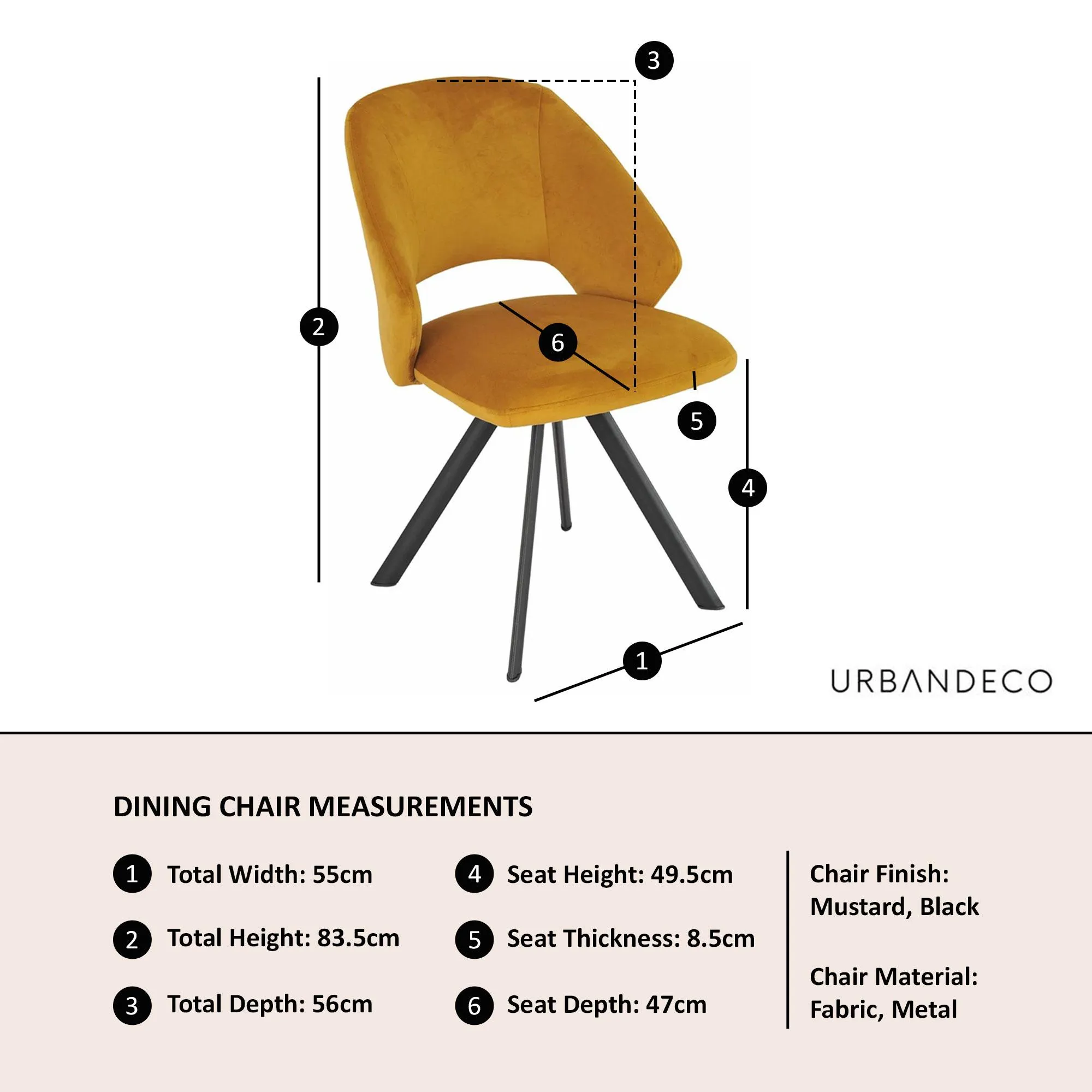 Ion Swivel Dining Chair with Black Legs - Mustard, Velvet