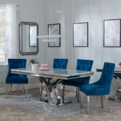 Lisbon Dining Set with Lion Knocker Chairs - Blue, Marble
