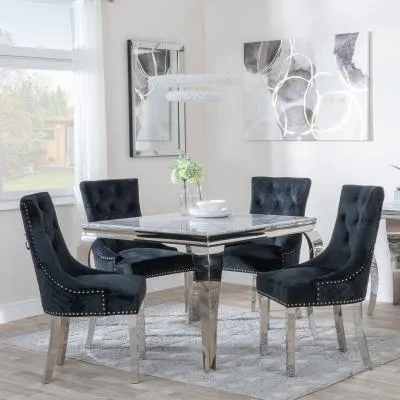 Louis 4 Seater Square Dining Set - Black, Velvet