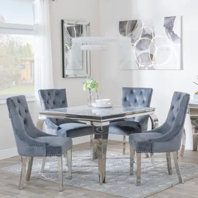 Louis 4 Seater Square Dining Set - Grey, Velvet