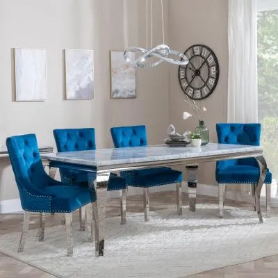 Louis Dining Set with Lion Knocker Chairs - Blue, Velvet