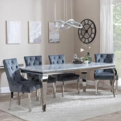 Louis Dining Set with Lion Knocker Chairs - Grey, Velvet