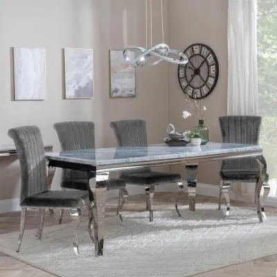 Louis Grey Marble Dining Set with Velvet Chair - Grey, Chrome