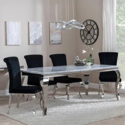 Louis Grey Marble Dining Set with Velvet Chair - Grey, Chrome image