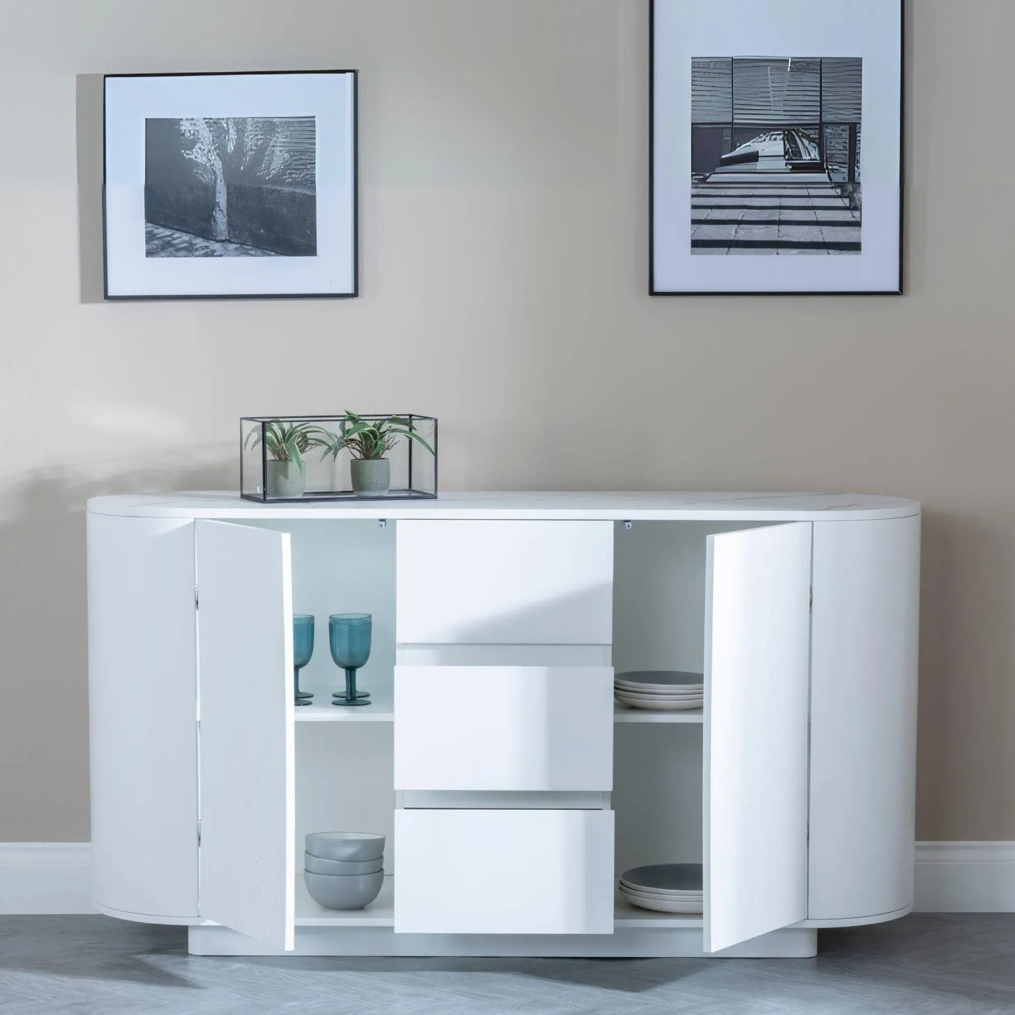 Luxor 2 Door Curved Fluted Sideboard - White, Marble Effect