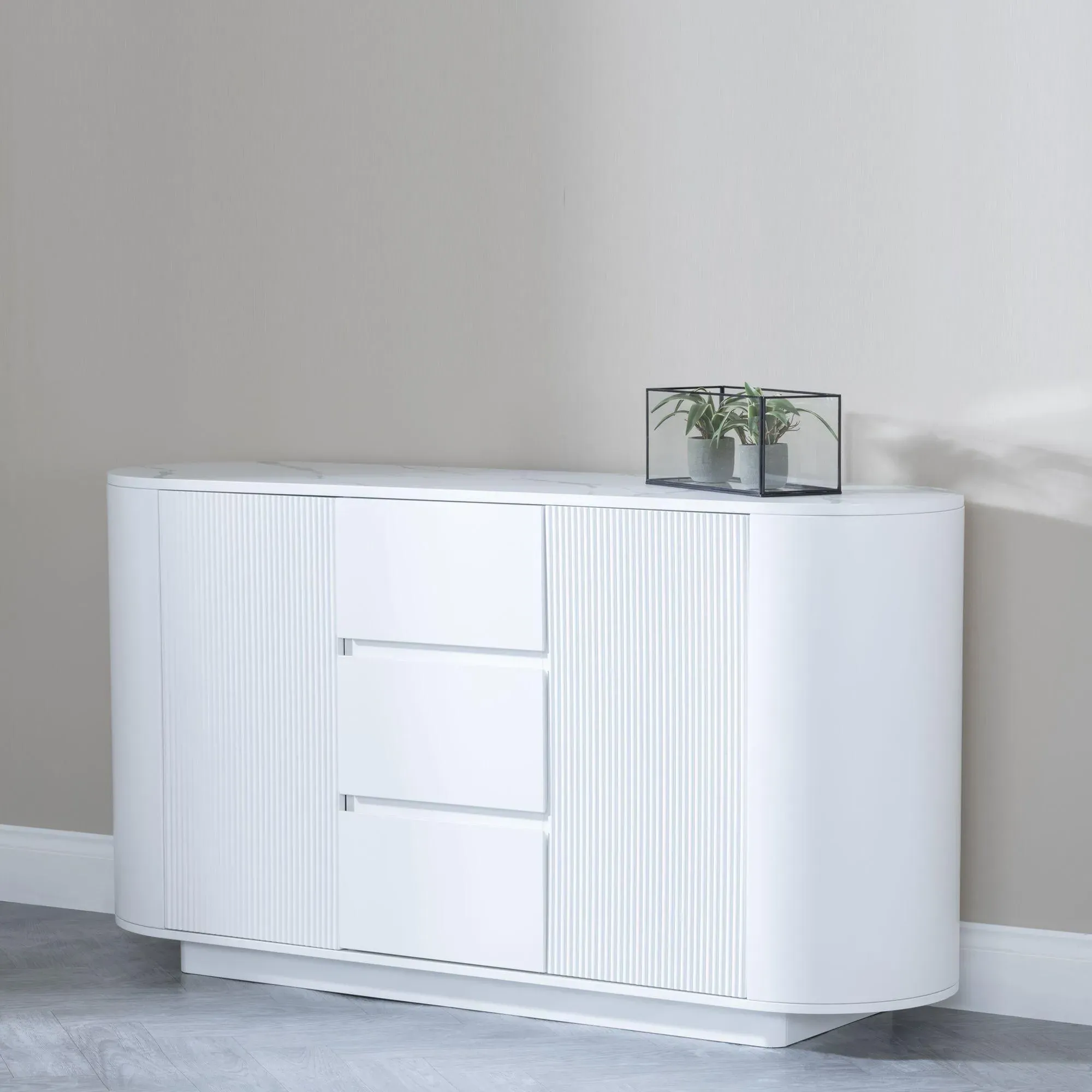 Luxor 2 Door Curved Fluted Sideboard - White, Marble Effect