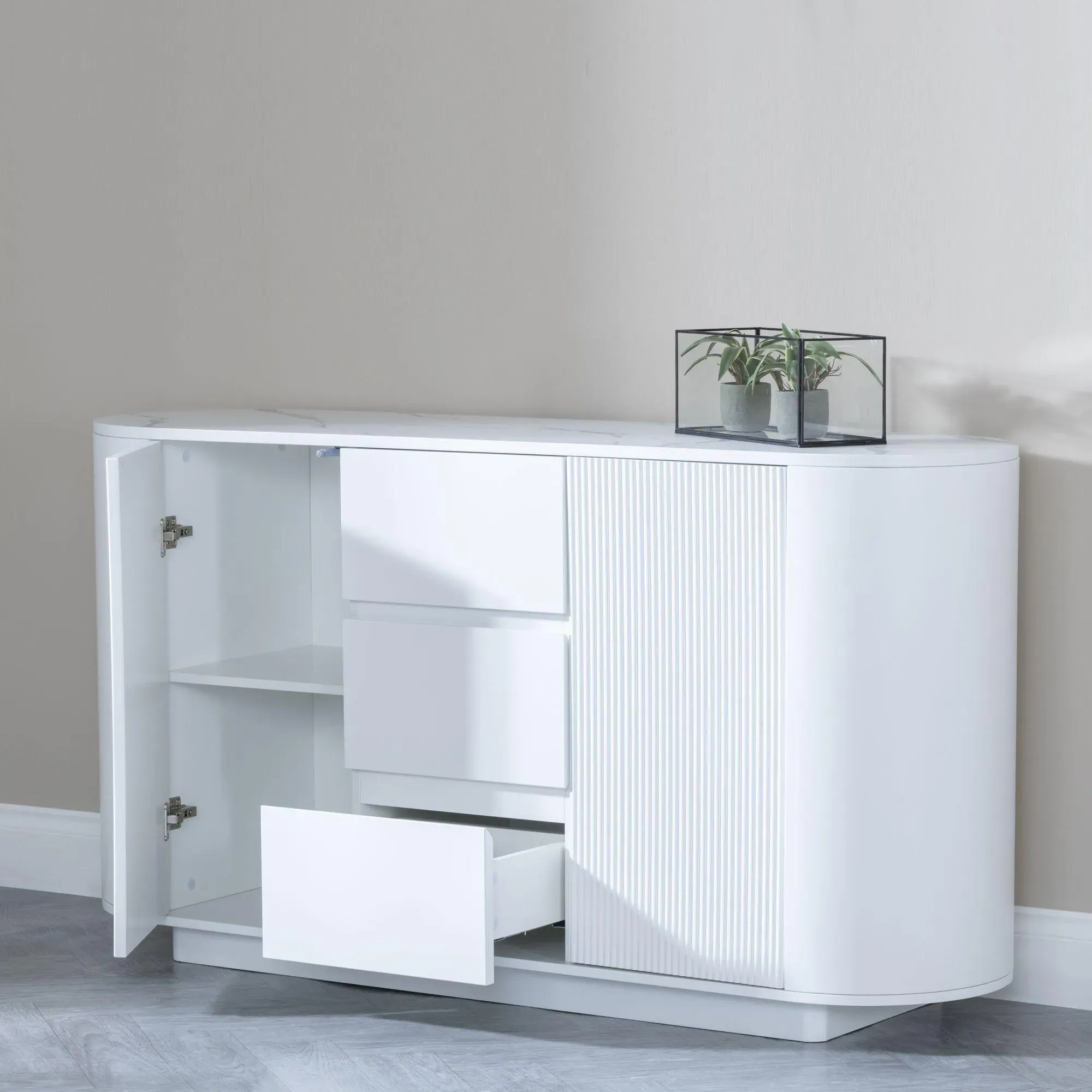 Luxor 2 Door Curved Fluted Sideboard - White, Marble Effect
