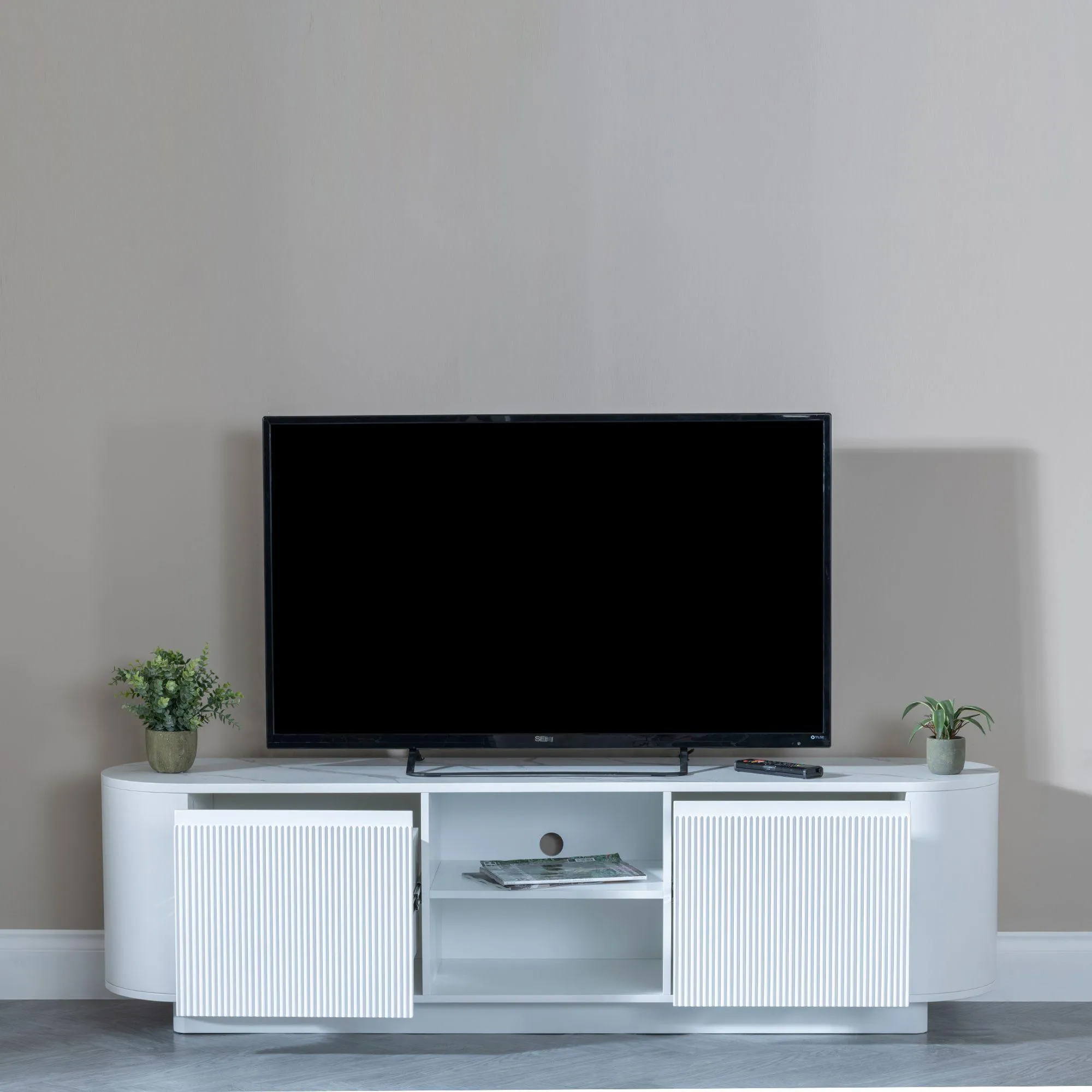 Luxor Curved Fluted TV Unit - White, Marble Effect