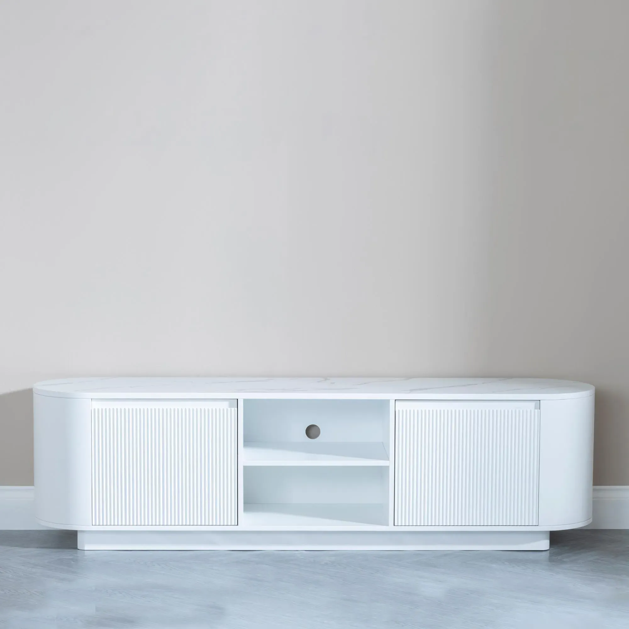 Luxor Curved Fluted TV Unit - White, Marble Effect