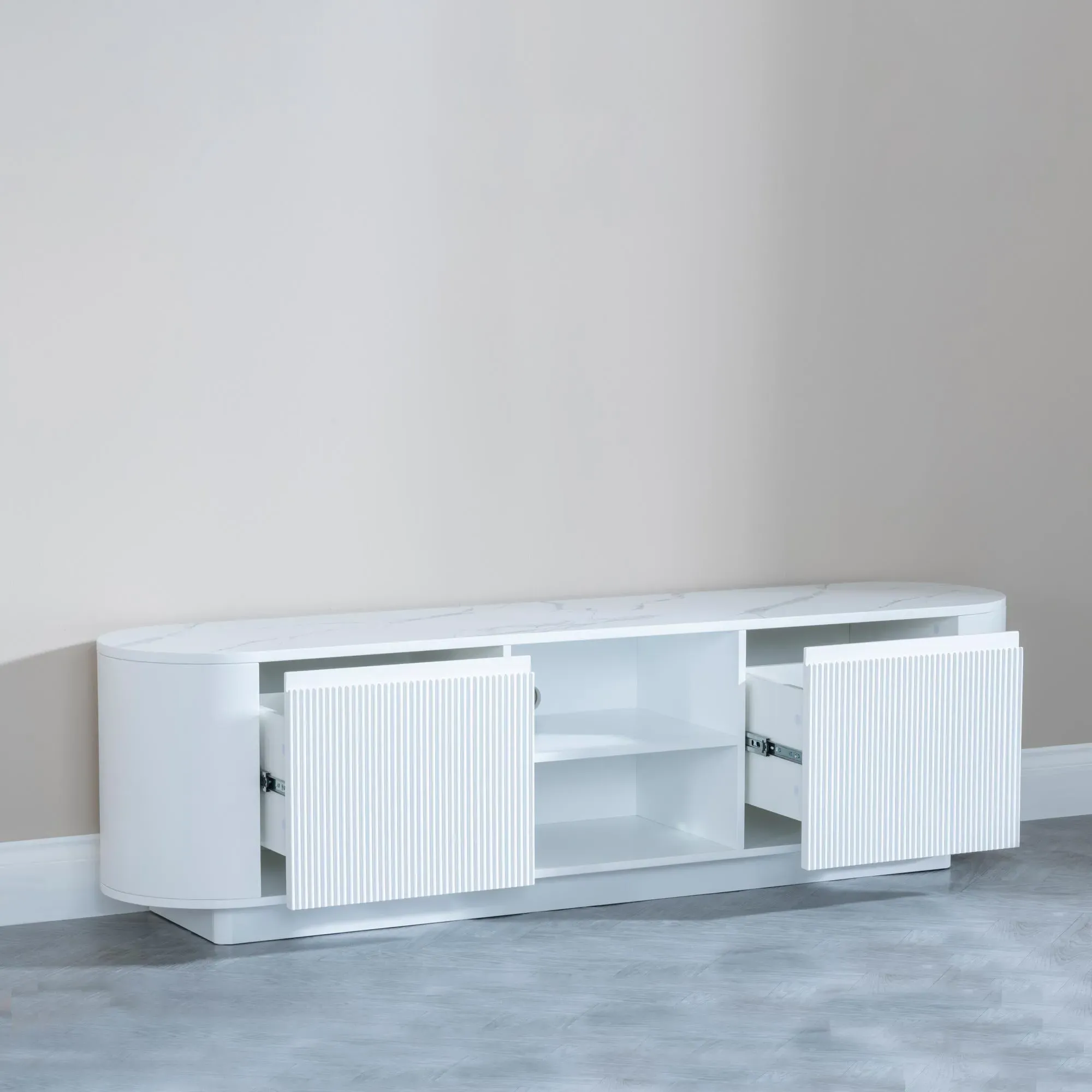 Luxor Curved Fluted TV Unit - White, Marble Effect