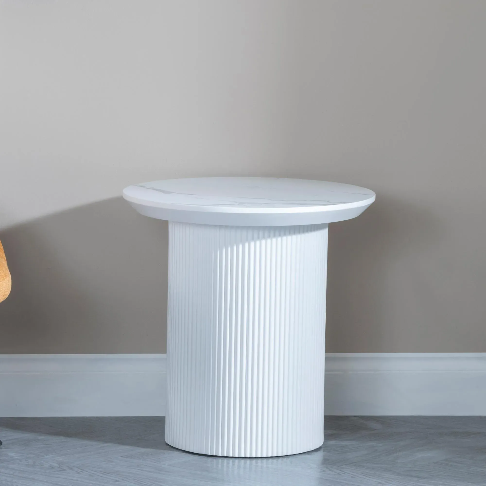 Luxor Round Lamp Table with Fluted Base - White, Marble Effect