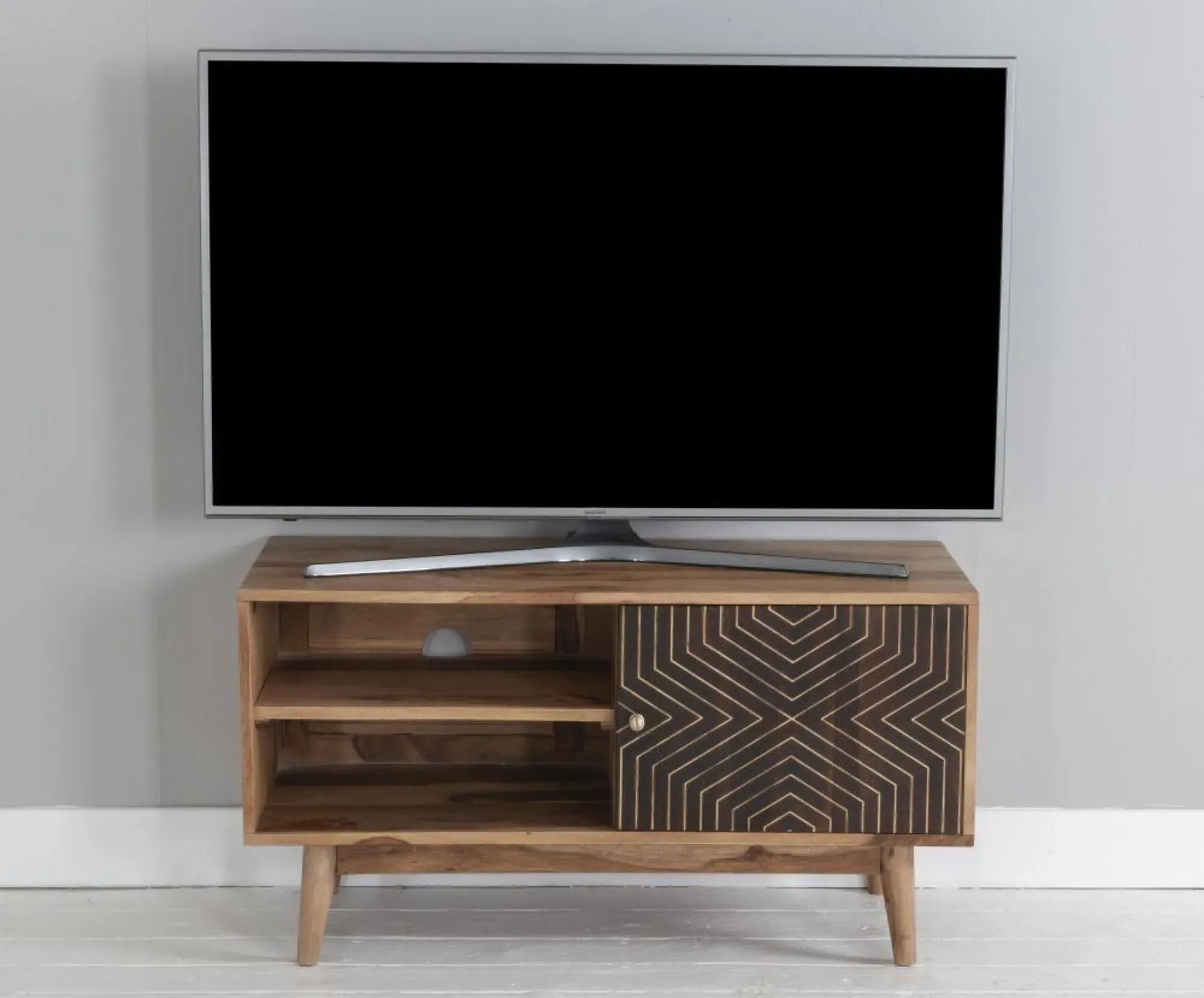 Luxuria 100cm TV Unit with Geometric Trim - Black, Sheesham Wood