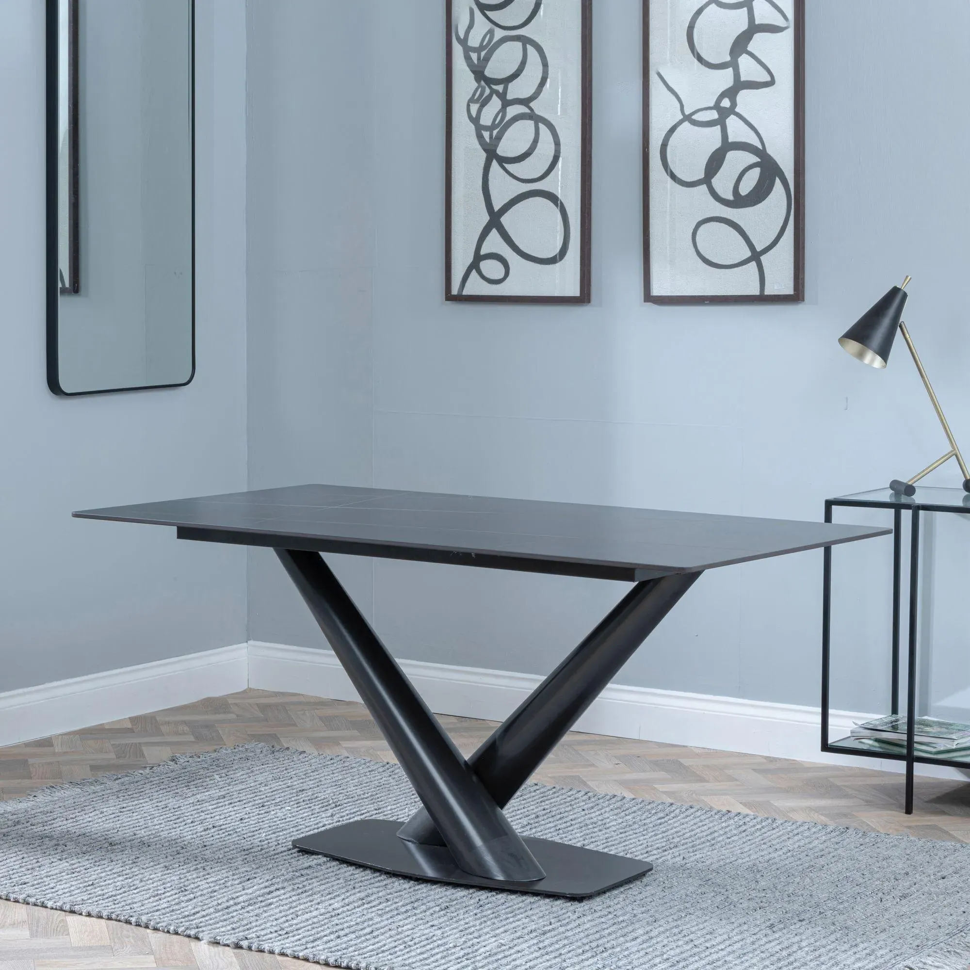 Maldon 6-Seater Dining Table with V Base - Black, Ceramic