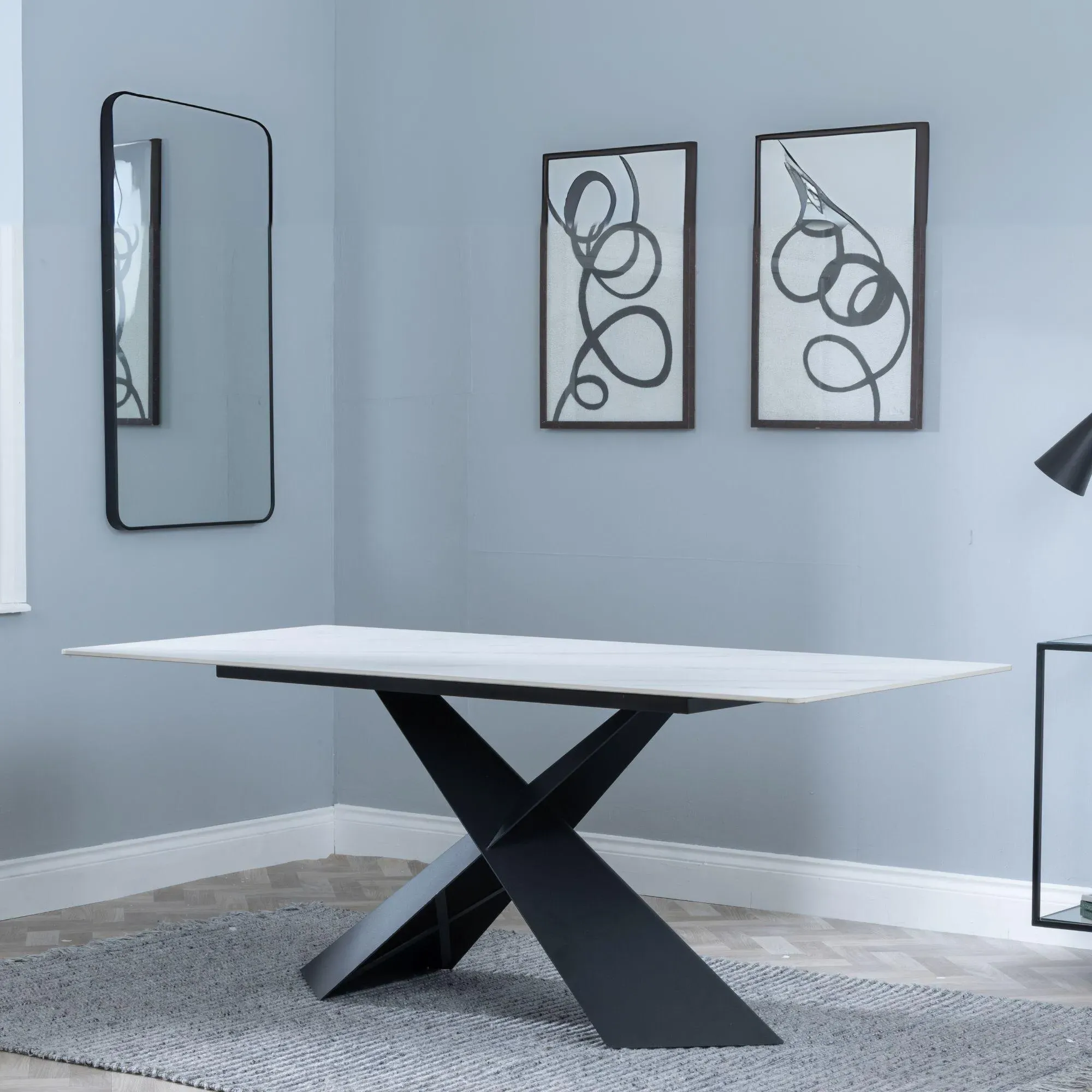Merlin 8-Seater Dining Table - White Ceramic, Black Base