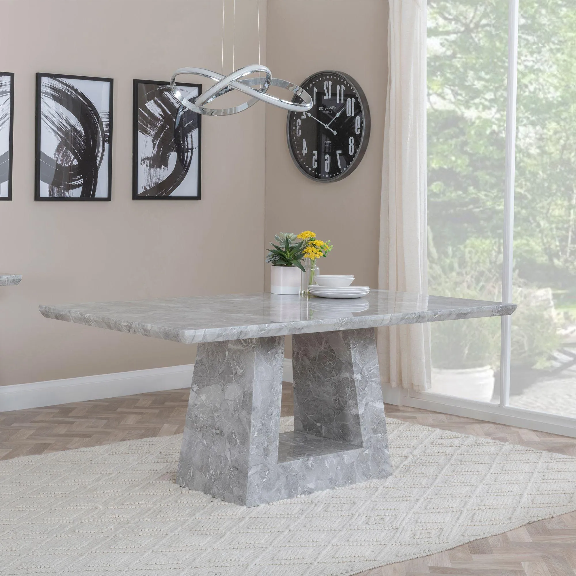 Milan Carmela Dining Set - Grey Marble, Cream Leather