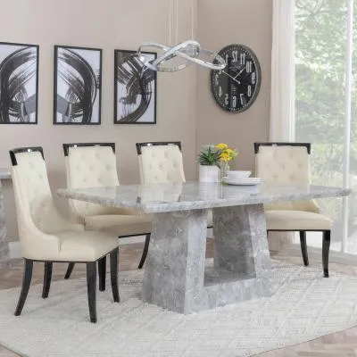 Milan Carmela Dining Set - Grey Marble, Cream Leather
