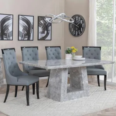 Milan Carmela Dining Set - Grey Marble, Grey Leather