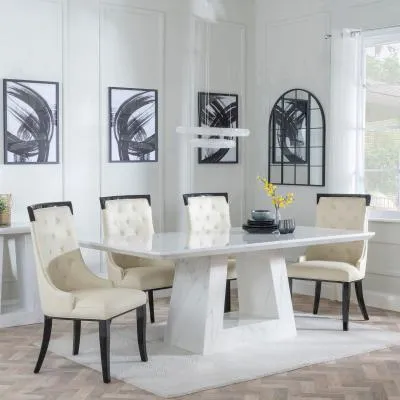 Milan Carmela Dining Set - White Marble, Cream Leather